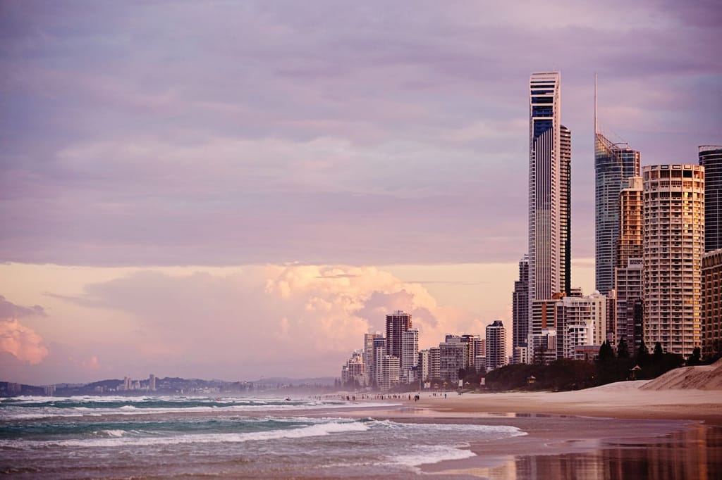 Surfers Paradise skyline and beach at sunrise