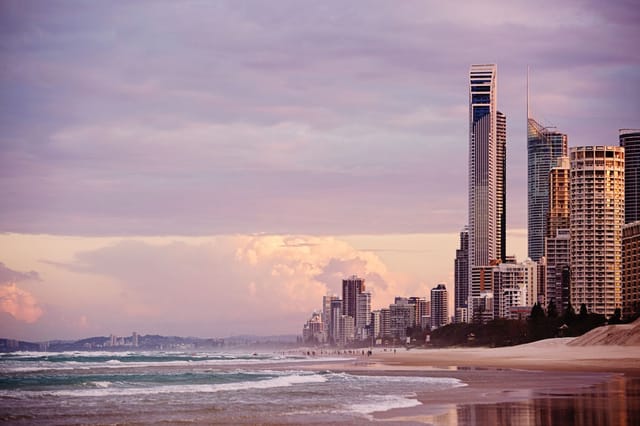 Surfers Paradise skyline and beach at sunrise