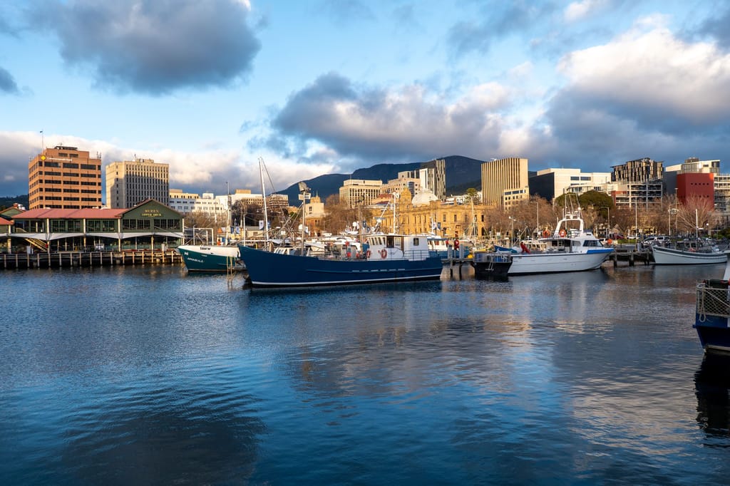 Hobart waterfront with fishing boats and the city behind