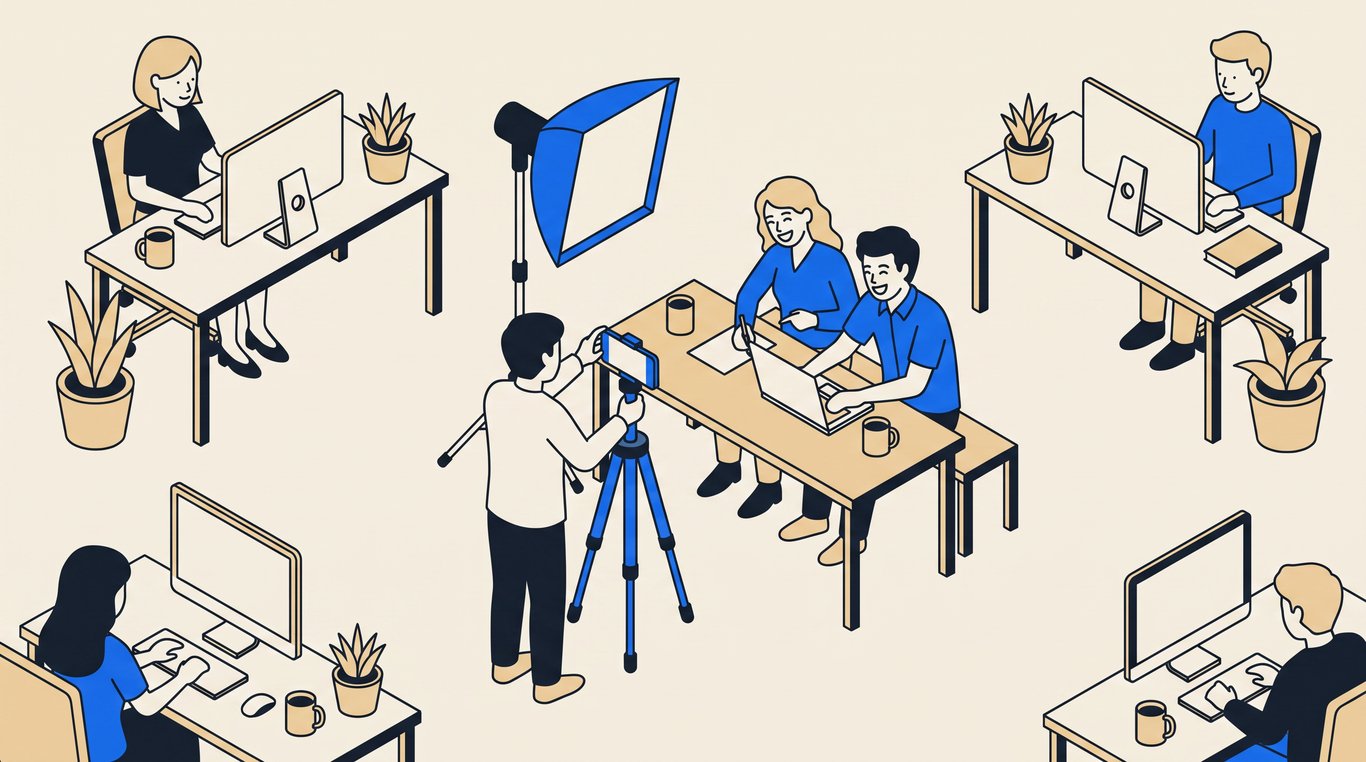 A person films two laughing colleagues at a shared desk with a phone on a tripod and a softbox light.