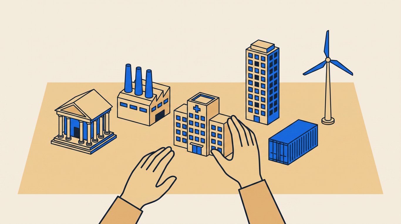 Hands arranging small models of a bank, factory, hospital, tower, container and wind turbine