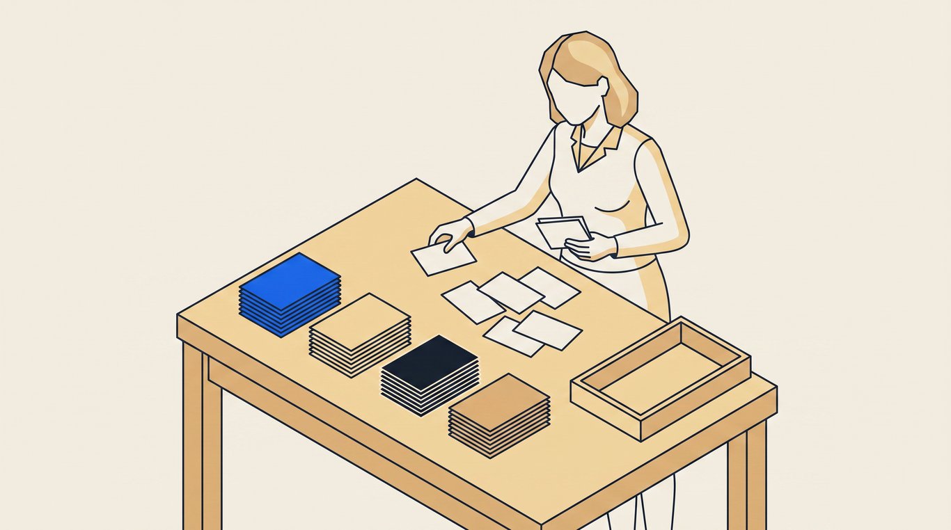 Woman sorting blank colour-coded index cards into four neat piles on a large table
