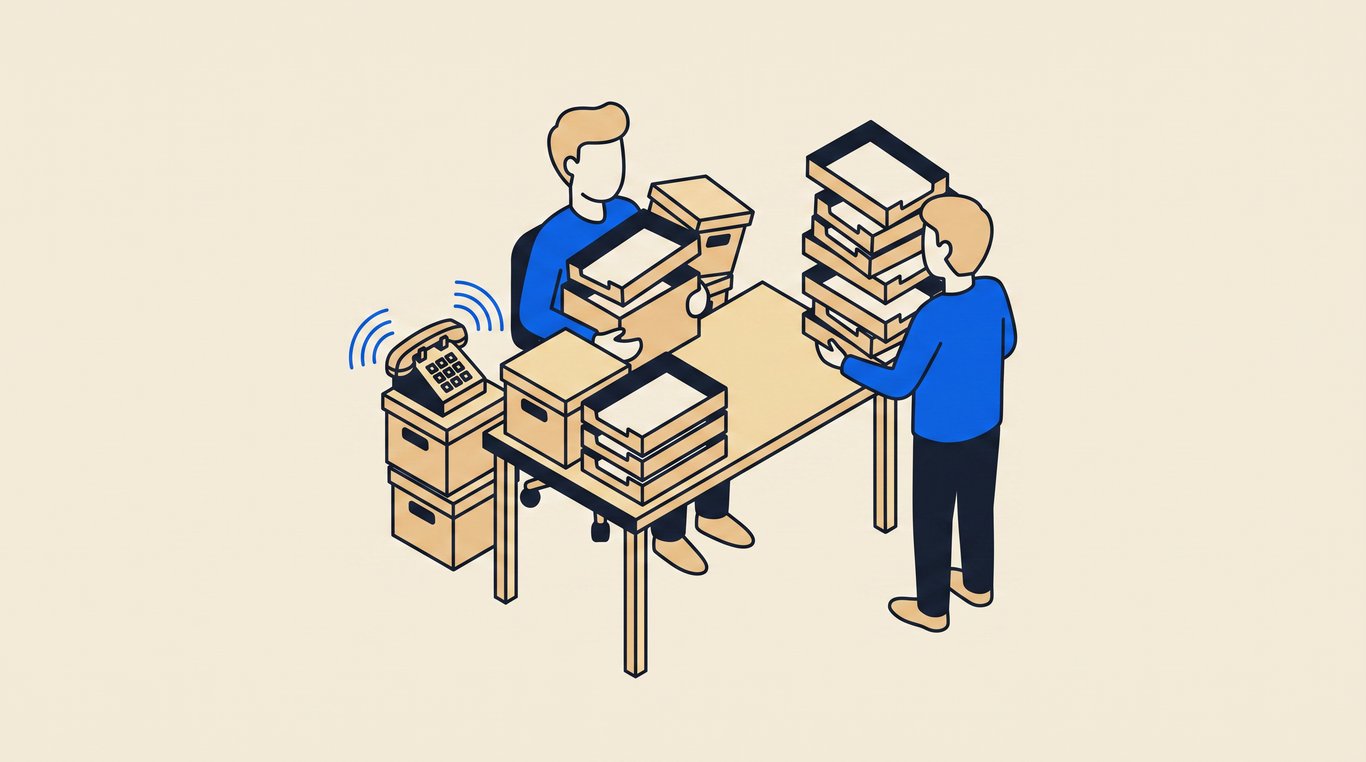 Sole trader boxed in behind a desk piled with trays and cartons as a colleague lifts an armful away