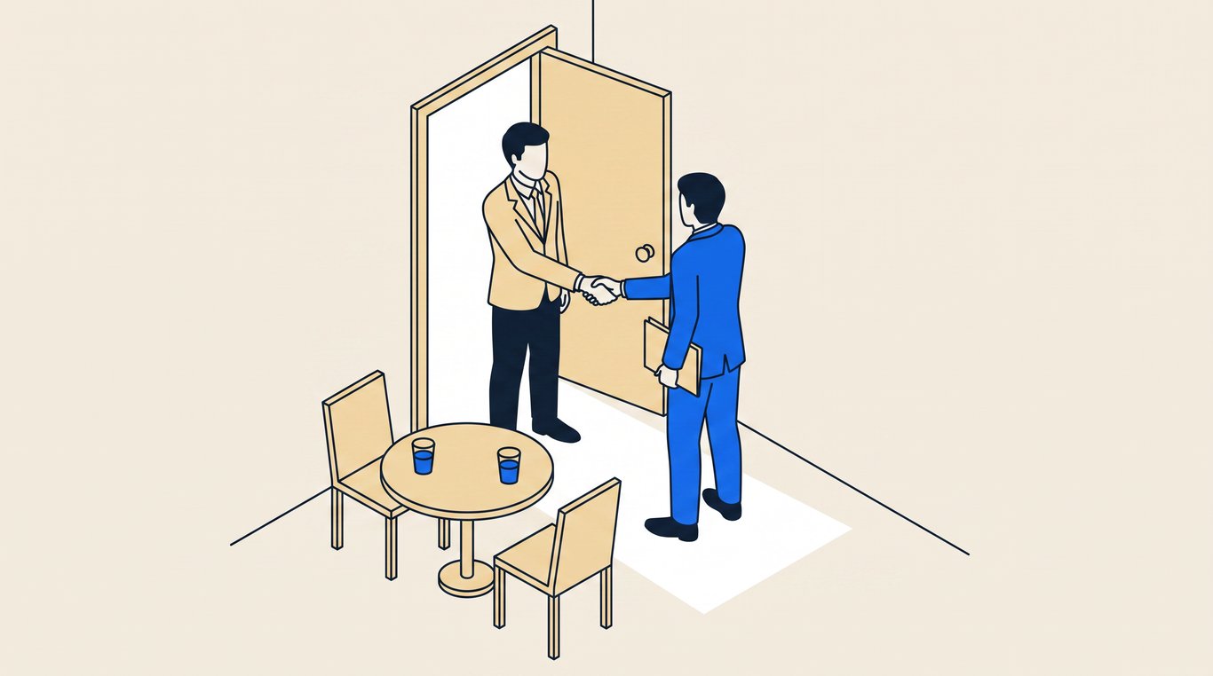 A manager shakes a candidate's hand in an office doorway, a small table with two chairs waiting inside.