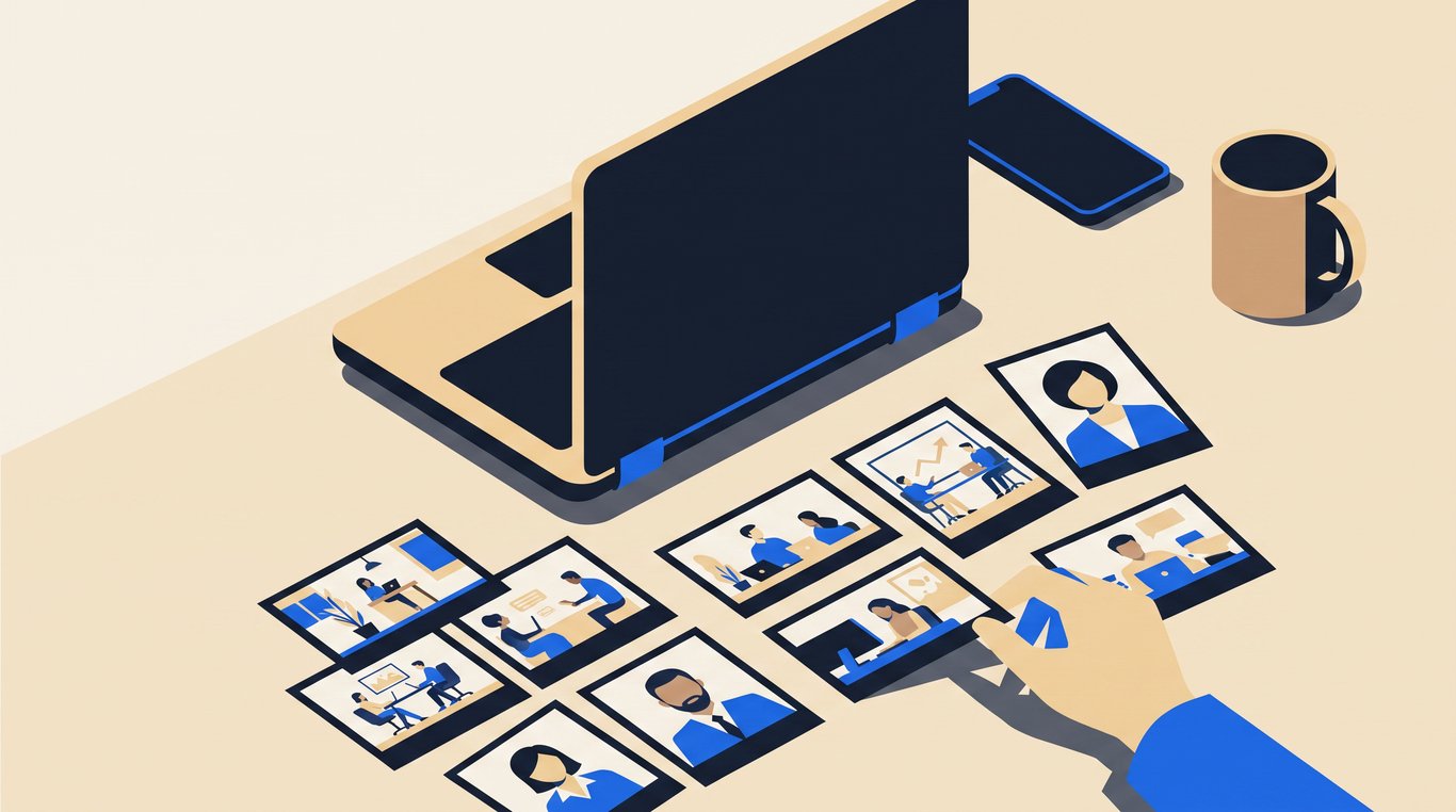 Hands arrange printed workplace photos across a desk beside an open laptop seen from behind the lid.