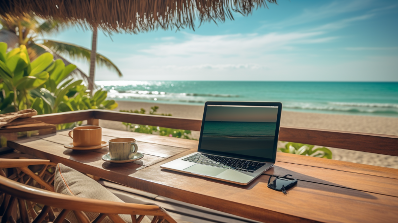 Remote Work, laptop, beach setting