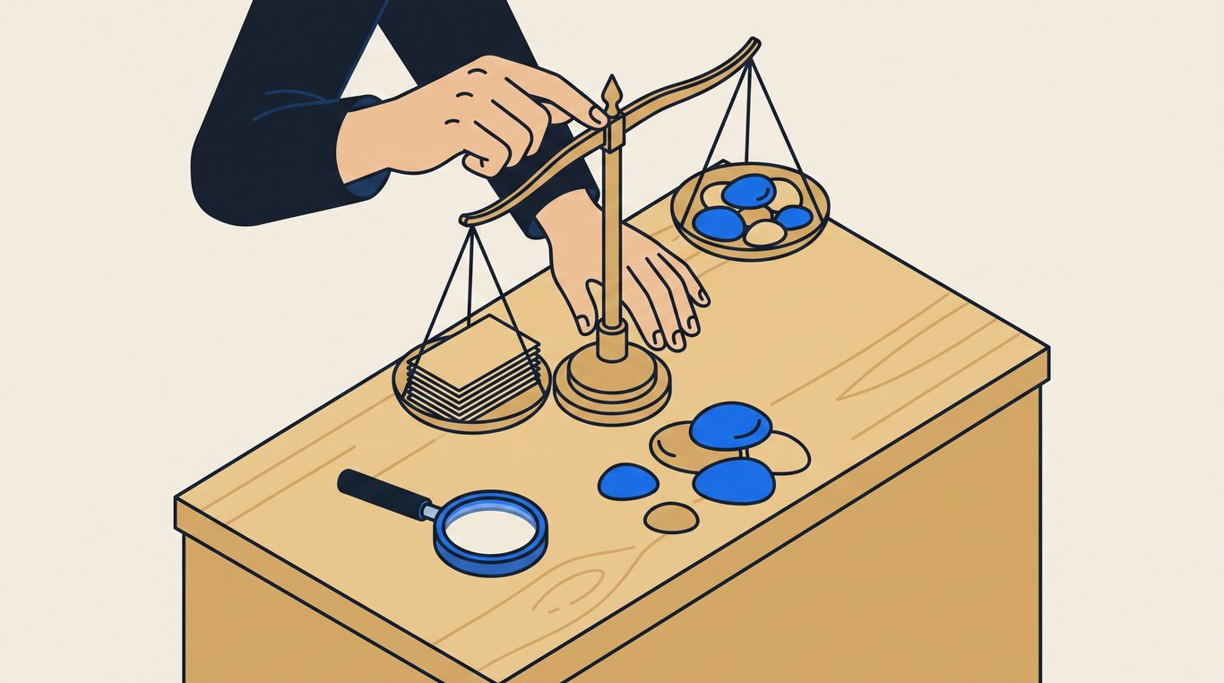 Hands steady small brass balance scales weighing blank cards against smooth stones on a timber desk.