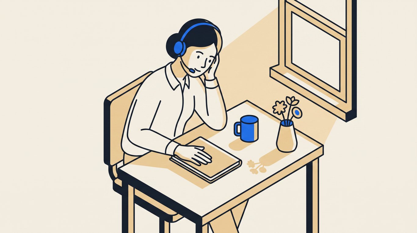 Support agent in a headset leaning in to listen at a quiet desk, hand resting on a closed notebook