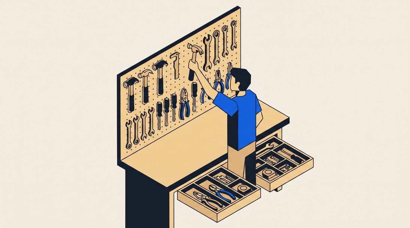 Hand tools hanging in painted outlines on a pegboard above a tidy workbench, one being lifted down