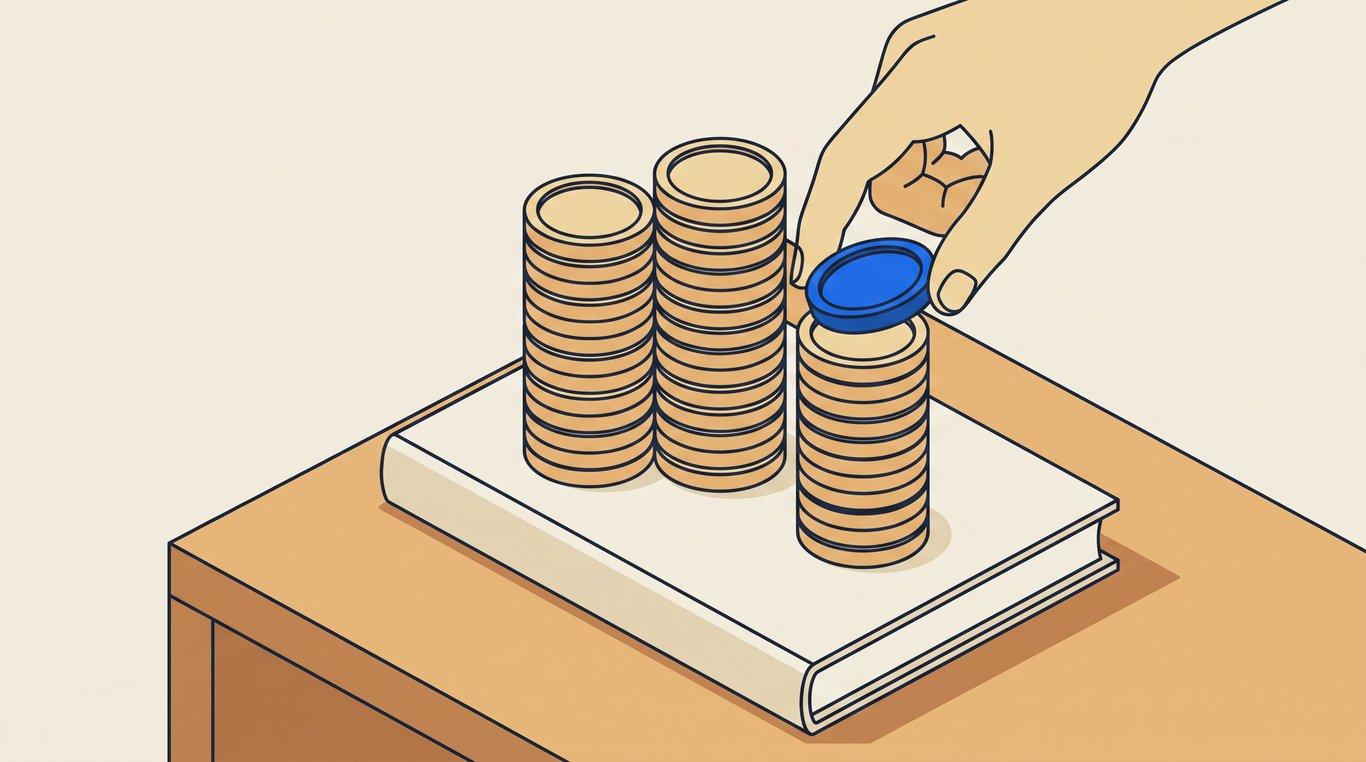 Hands stacking coins into two perfectly level columns beside a closed cloth-bound ledger on a timber desk