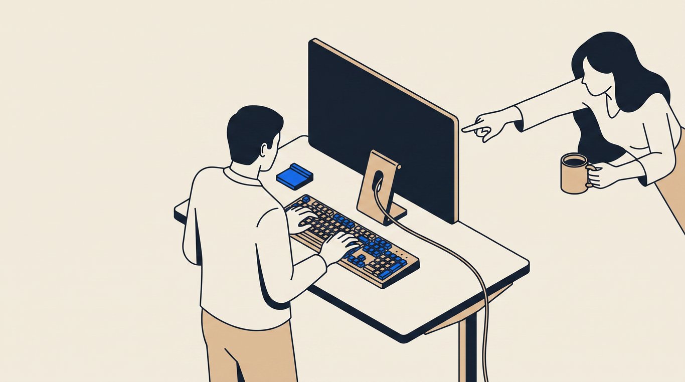 Two colleagues at a standing desk, one typing while the other leans in pointing at a monitor turned away