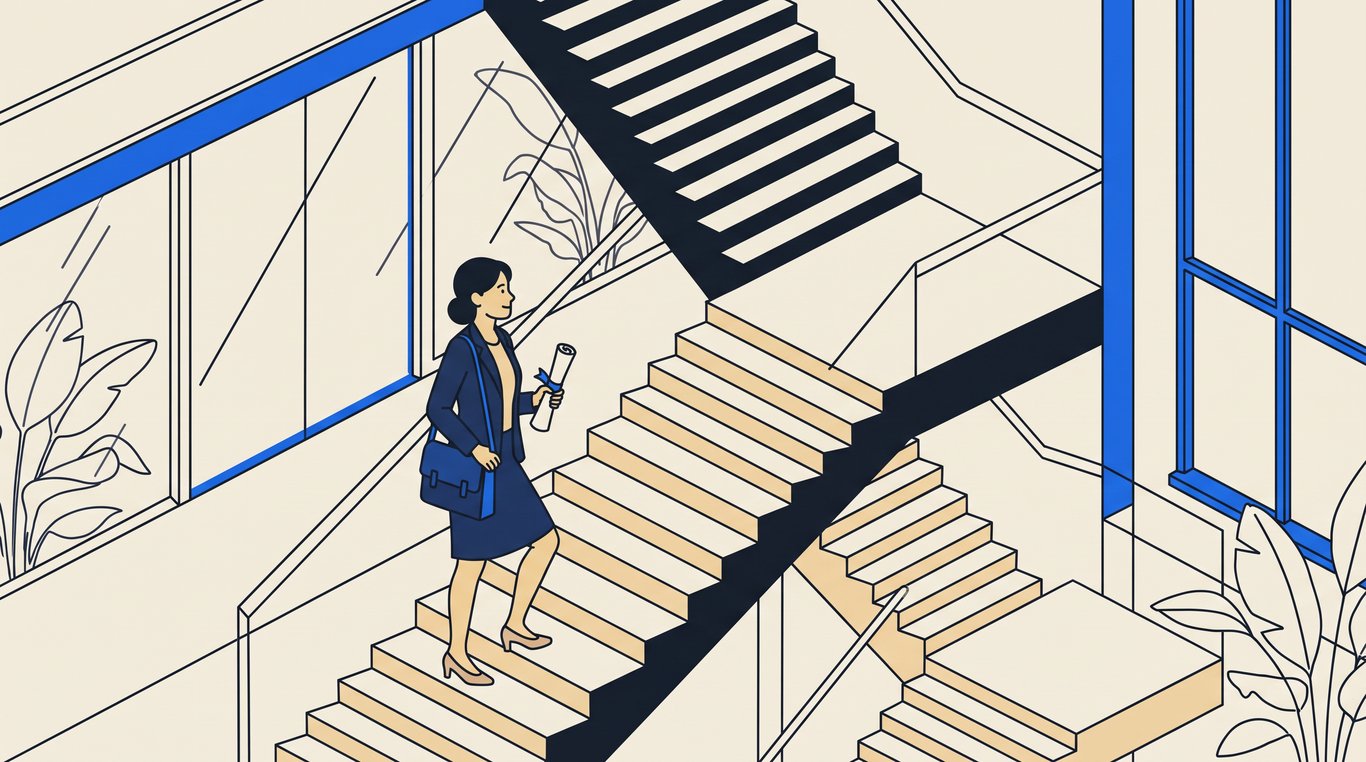 Young professional with a satchel and rolled certificate climbing a wide sunlit office staircase