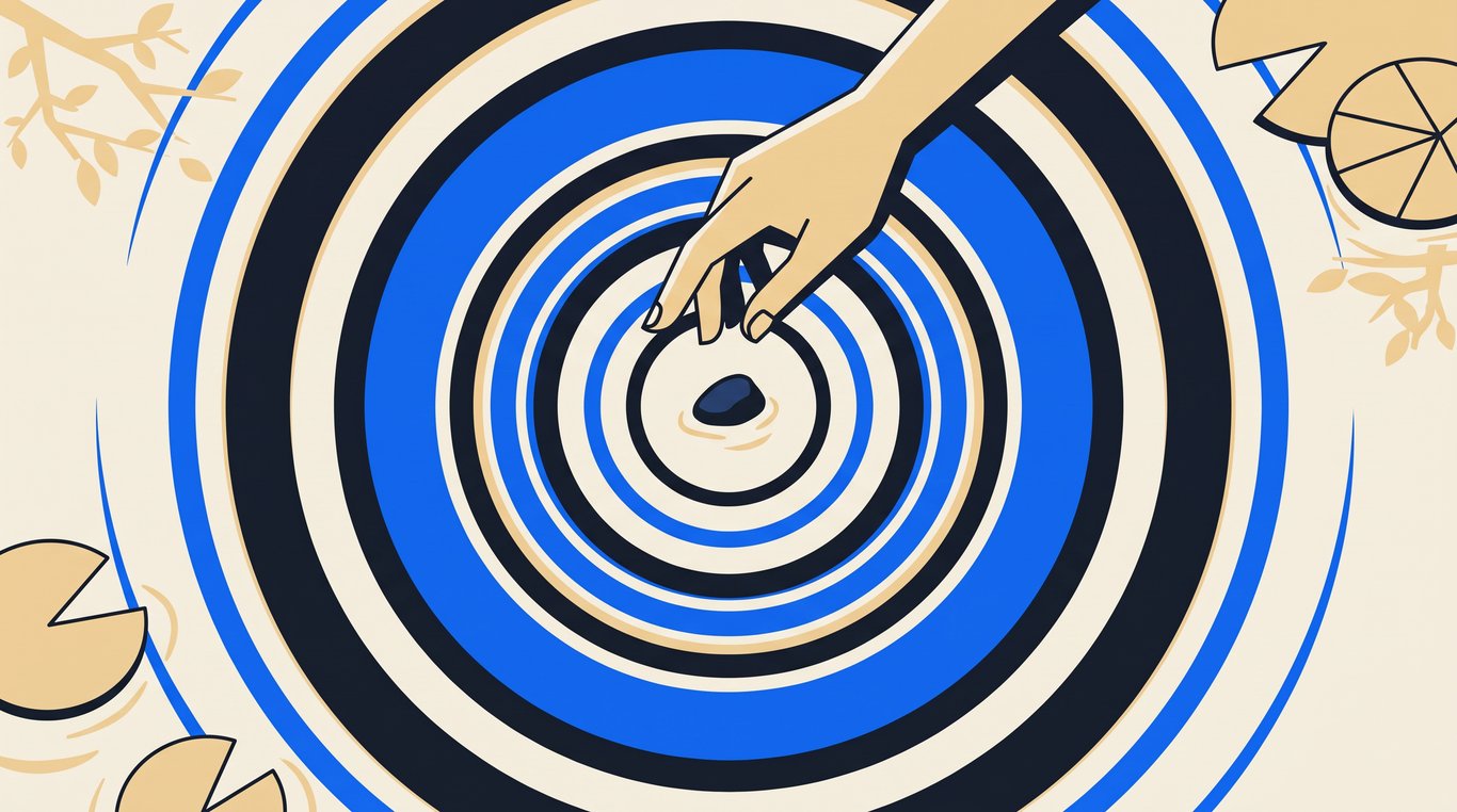 A hand drops a pebble into still water, seen from above, rings spreading out across the surface.