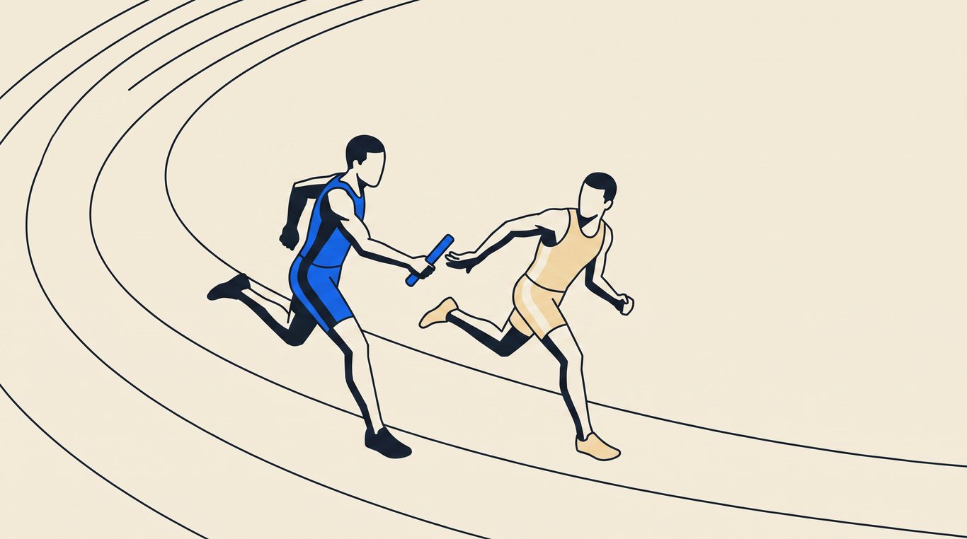 Two runners mid-stride on a track, baton pressed from one open hand into the other