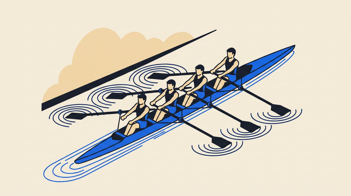 Four rowers on flat water at sunrise, all oars entering together, with even ripples trailing behind