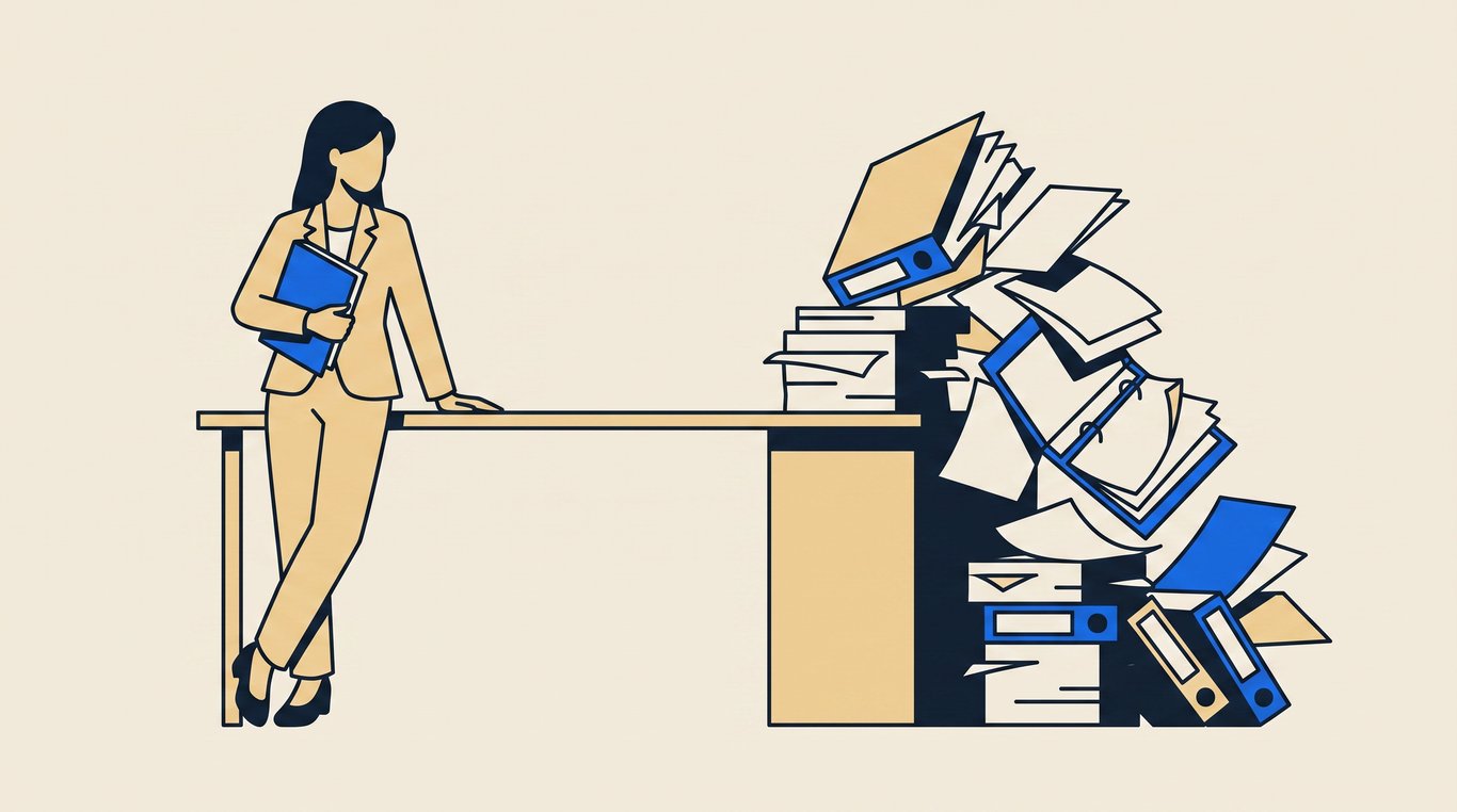 Business owner holding one slim folder while a toppling mound of loose papers sits pushed aside