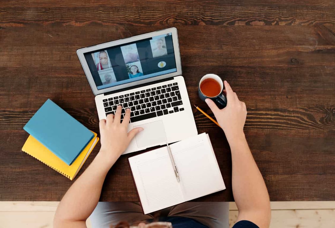 Business owner communicate remotely with the team
