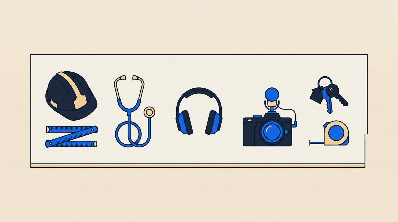 Overhead bench with a headset in the centre, ringed by a hard hat, stethoscope, camera, mic and house keys