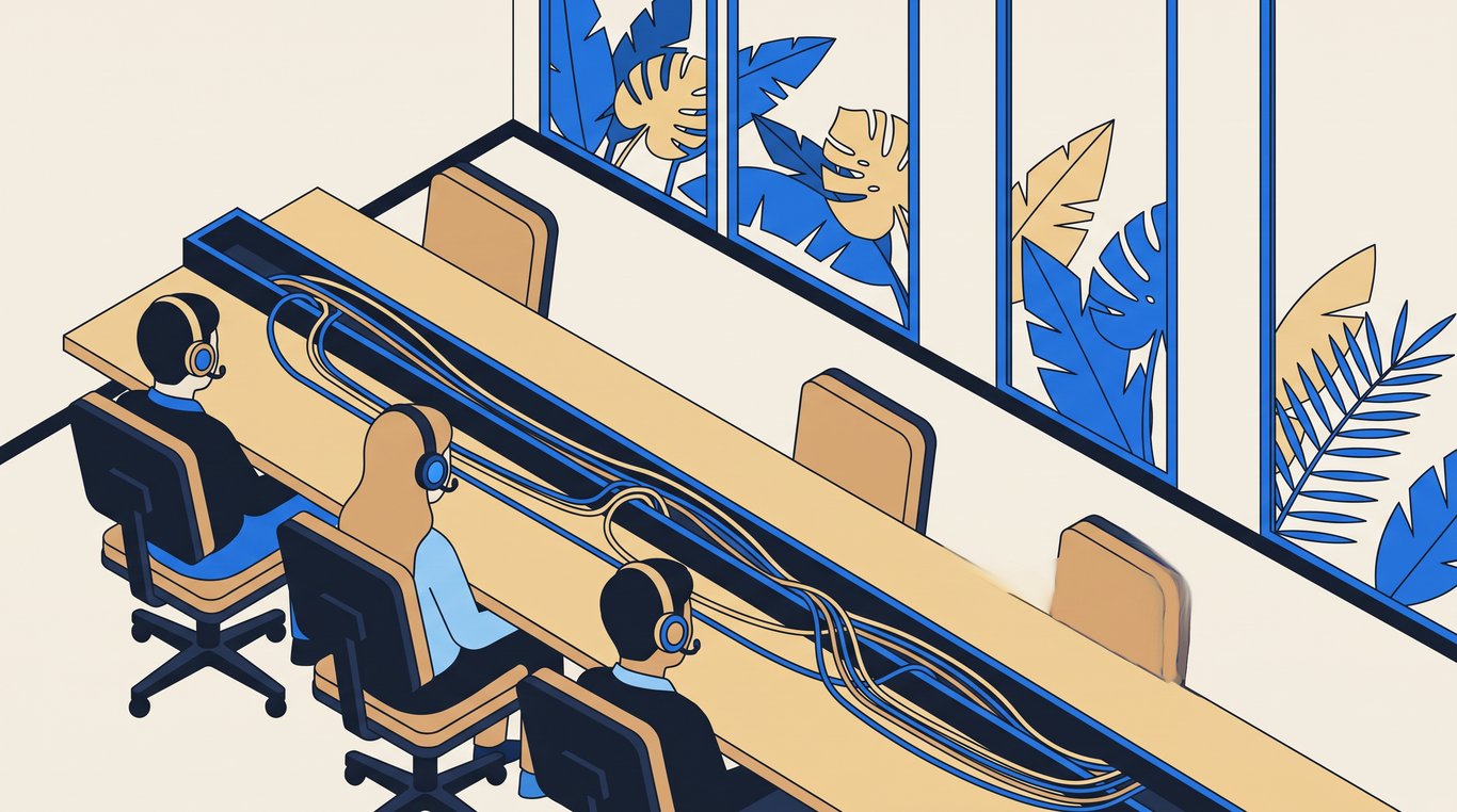 Four researchers in headsets at a shared bench desk, seen from behind, greenery through the windows