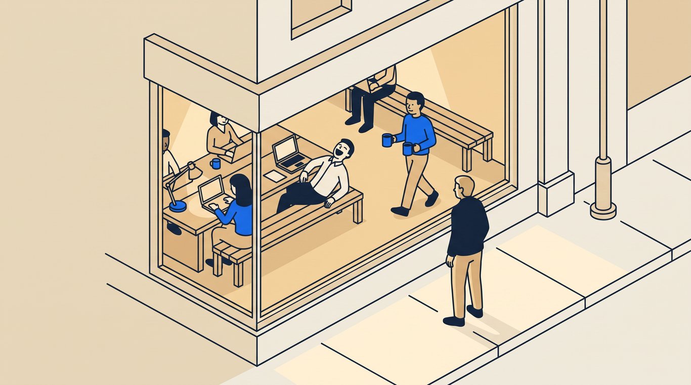 A passer-by pauses on the footpath to look through a window into a warmly lit office of people working.