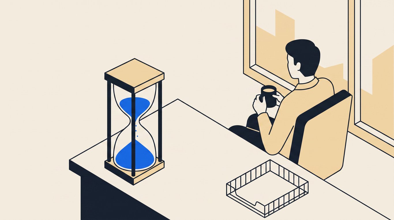 Hourglass beside an empty wire in-tray, a person behind turned to the window with a mug