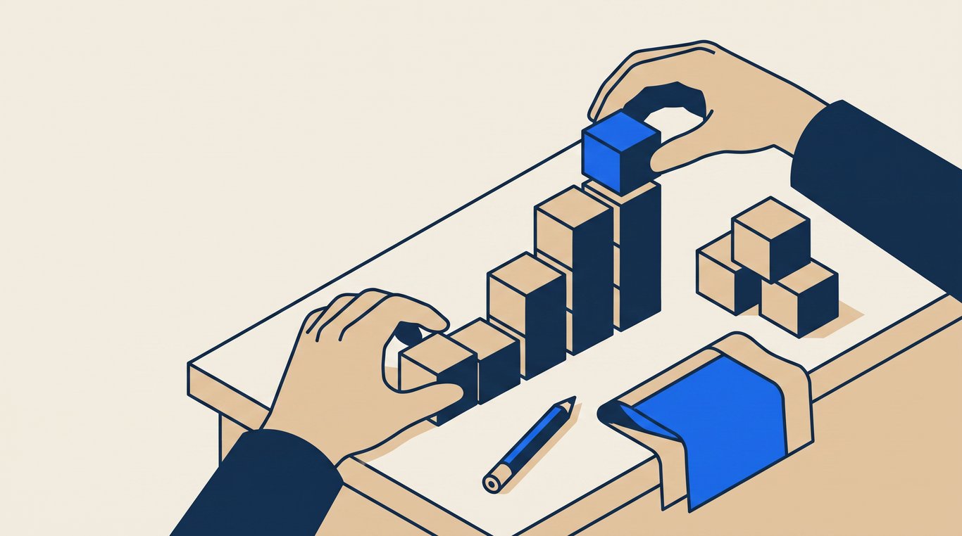 Hands stack plain wooden blocks into a rising staircase on a workbench, spare blocks piled beside.