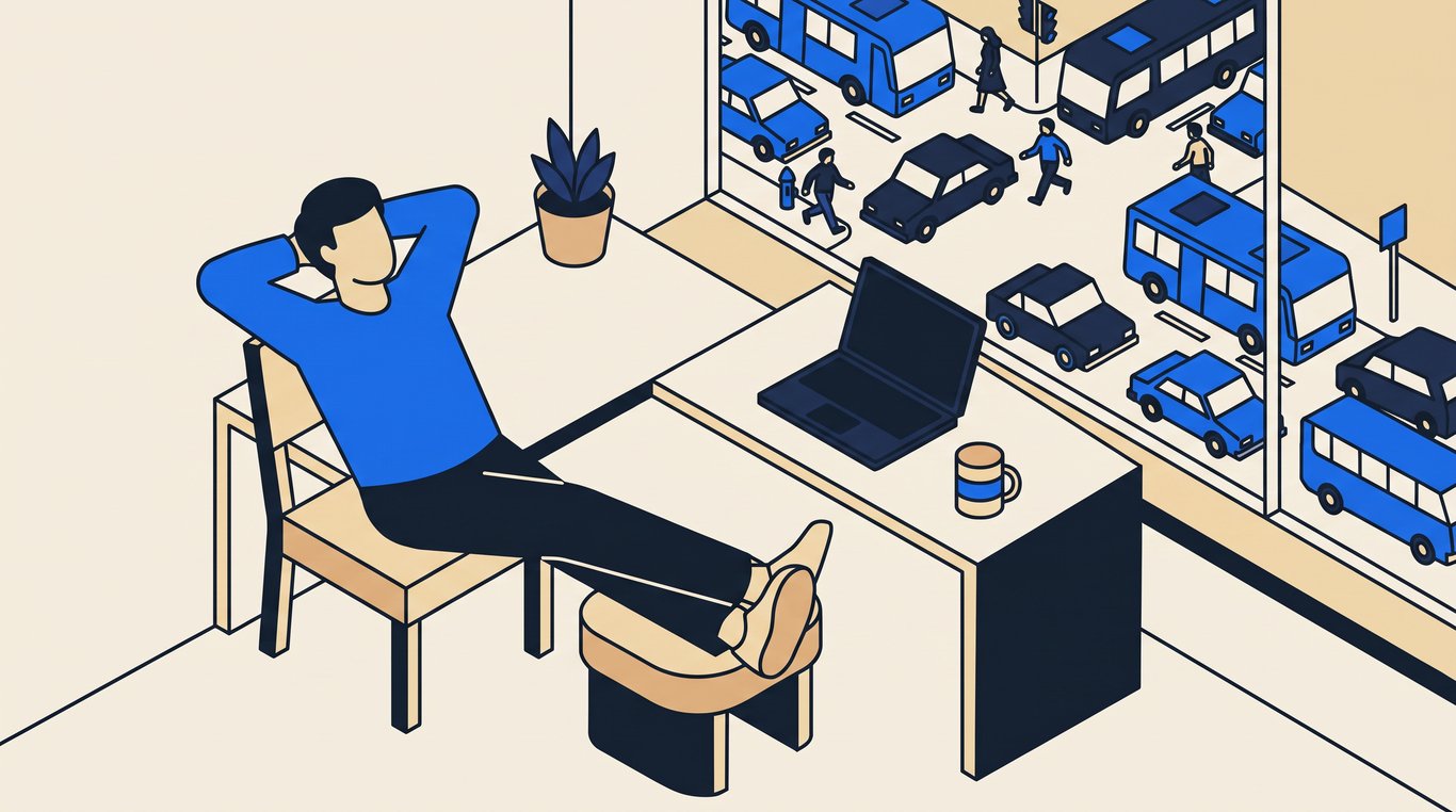 Worker relaxing back in their chair at a nearly bare desk while traffic rushes past the window behind