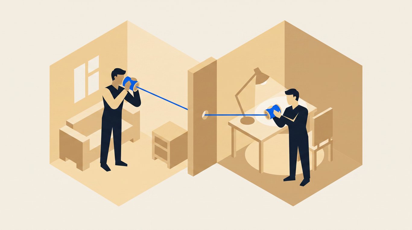 Two people in separate rooms talking through tin cans joined by a taut string running through the wall