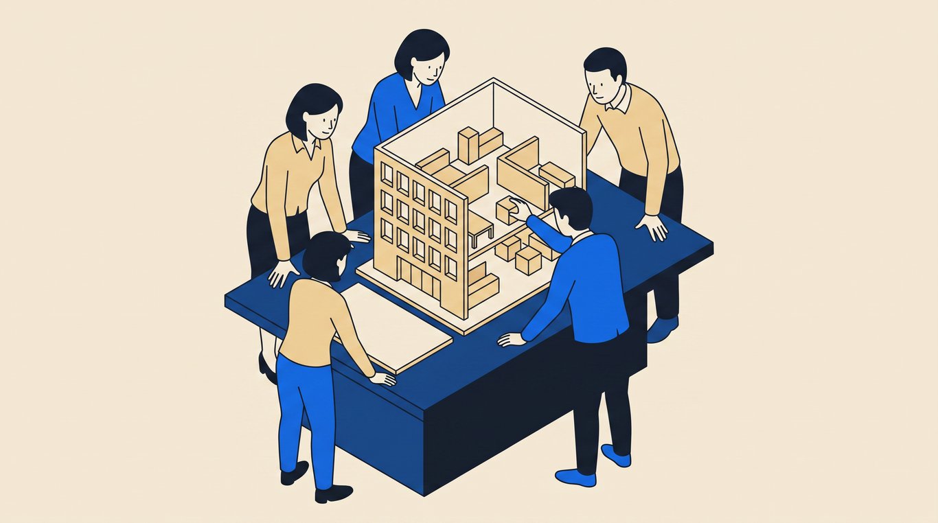 Four colleagues around a table adjust a pale card scale model of an office building.