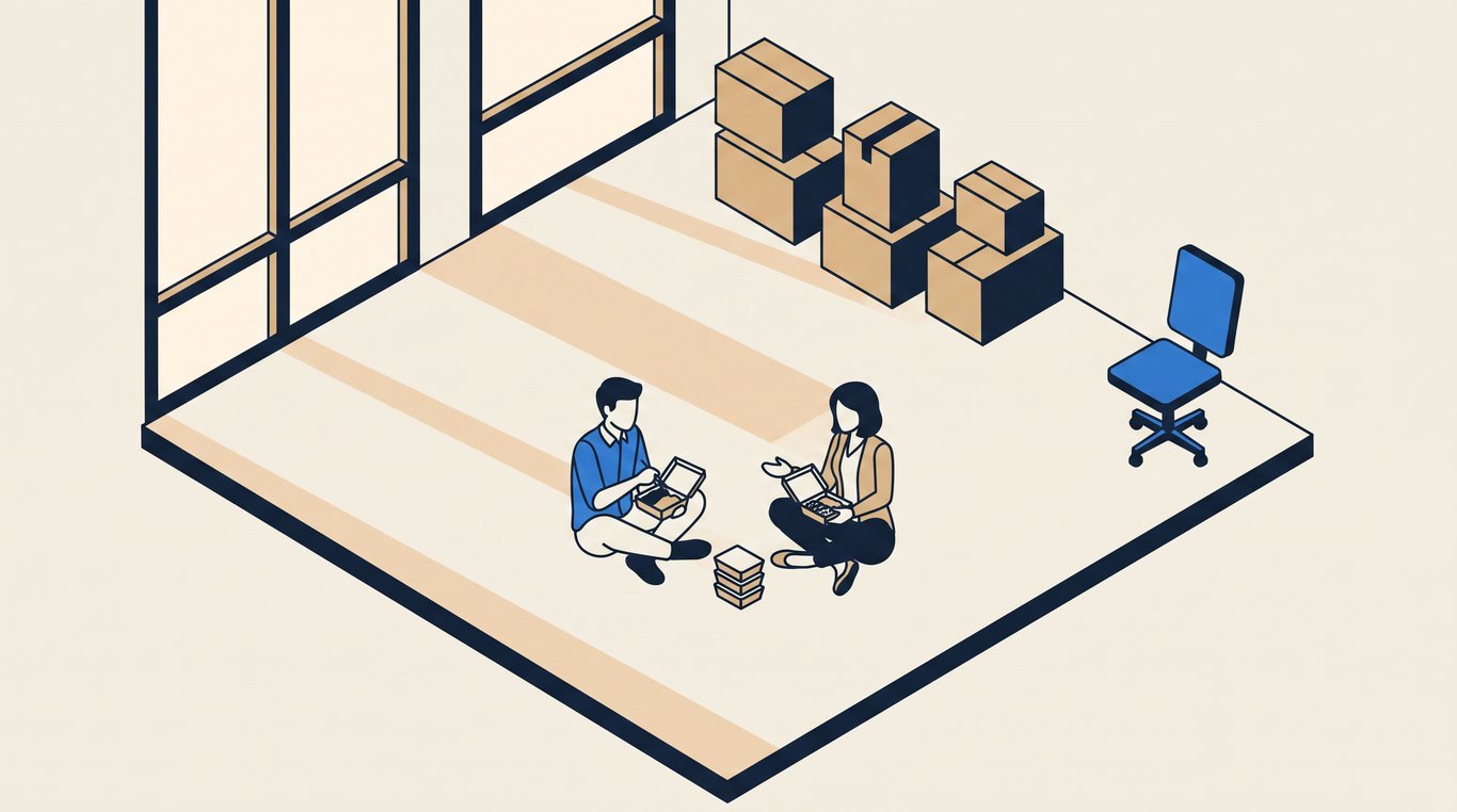 Two founders sitting on the bare floor of an empty new office eating takeaway beside stacked removal boxes