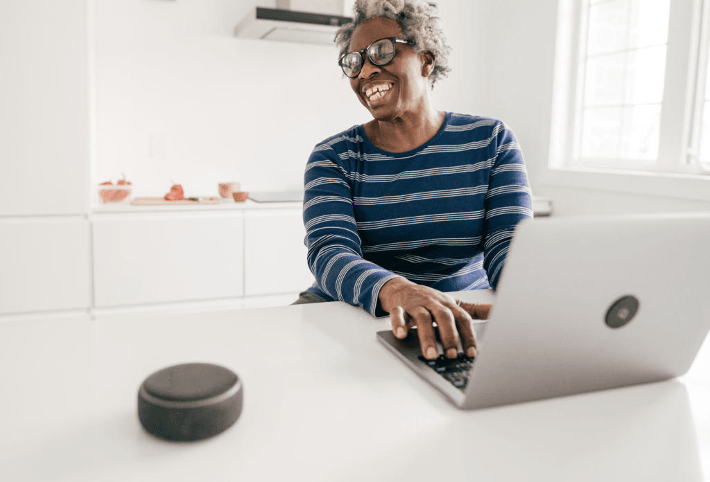 a cheerful VA doing her job online