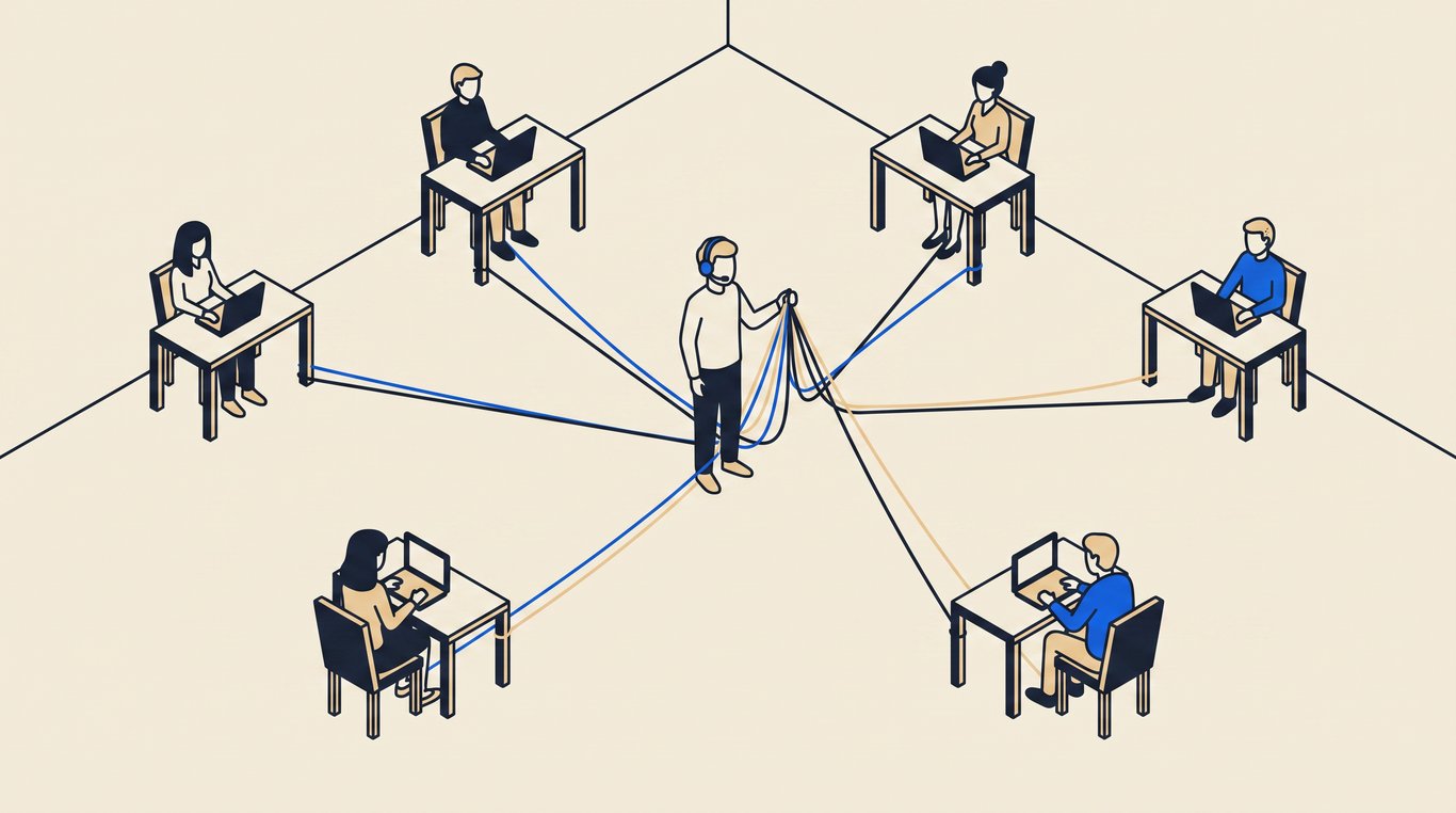 Coordinator in a headset holding taut coloured cords running out to five people at desks around the room