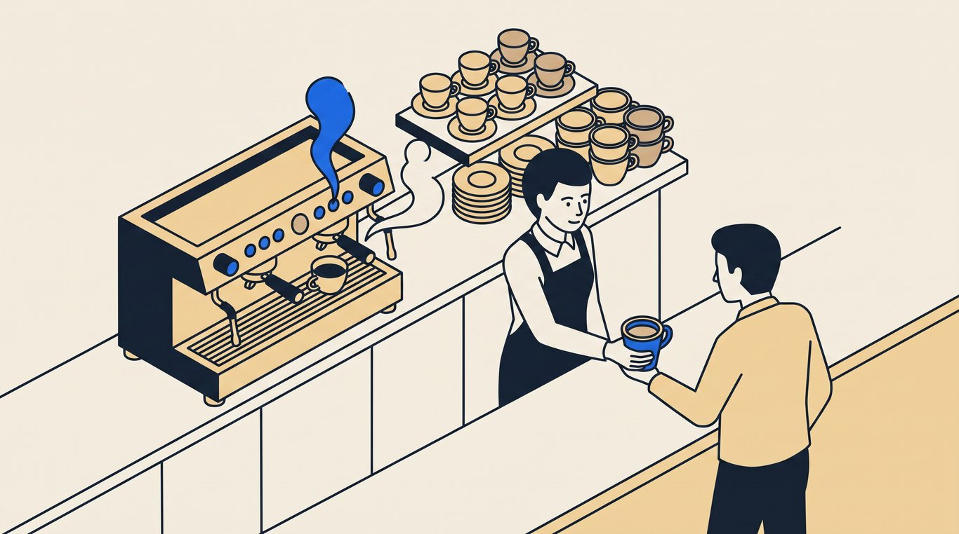 Barista placing a finished cup into a customer's hands while the espresso machine steams behind the counter