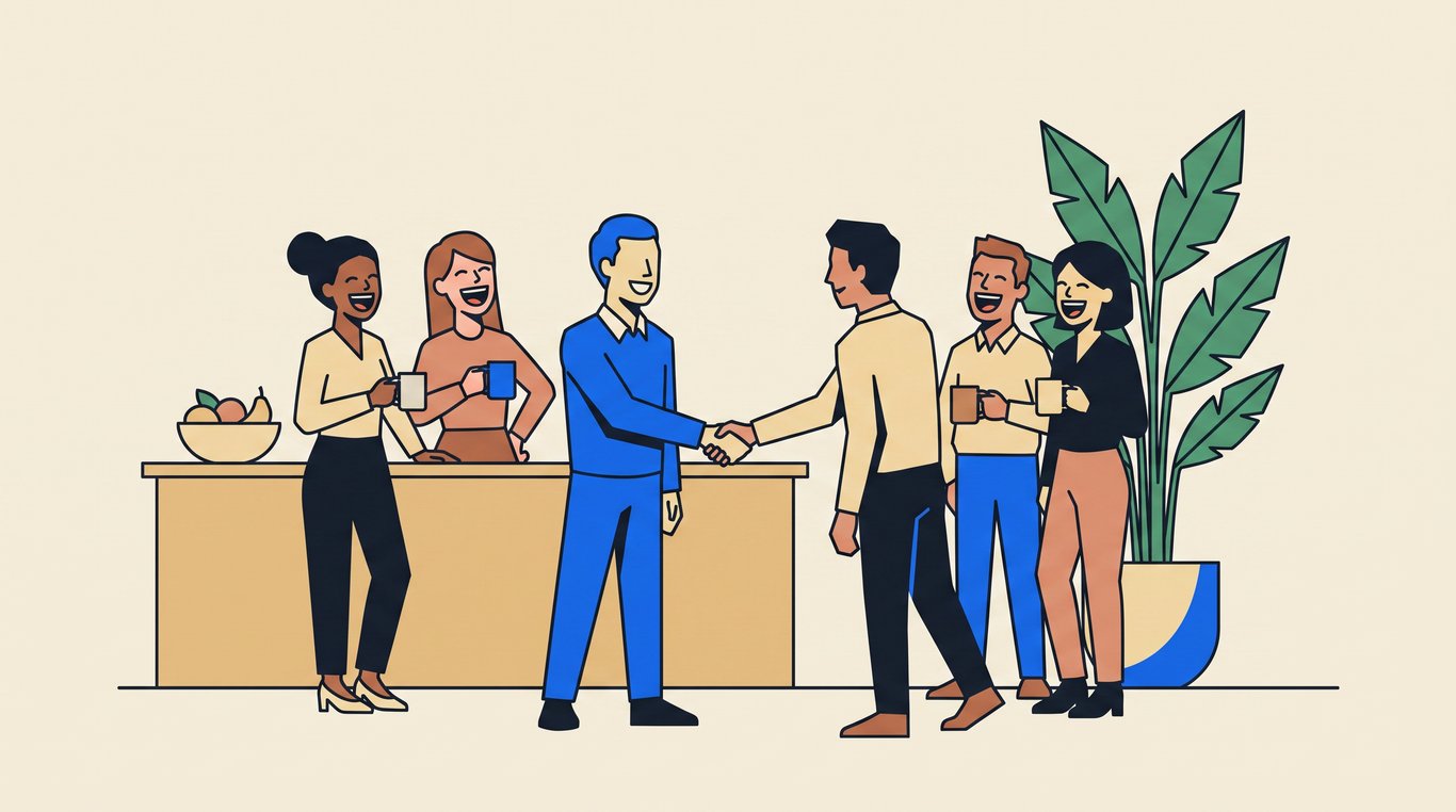 Colleagues laughing over mugs in an office kitchen as one shakes hands with a new starter