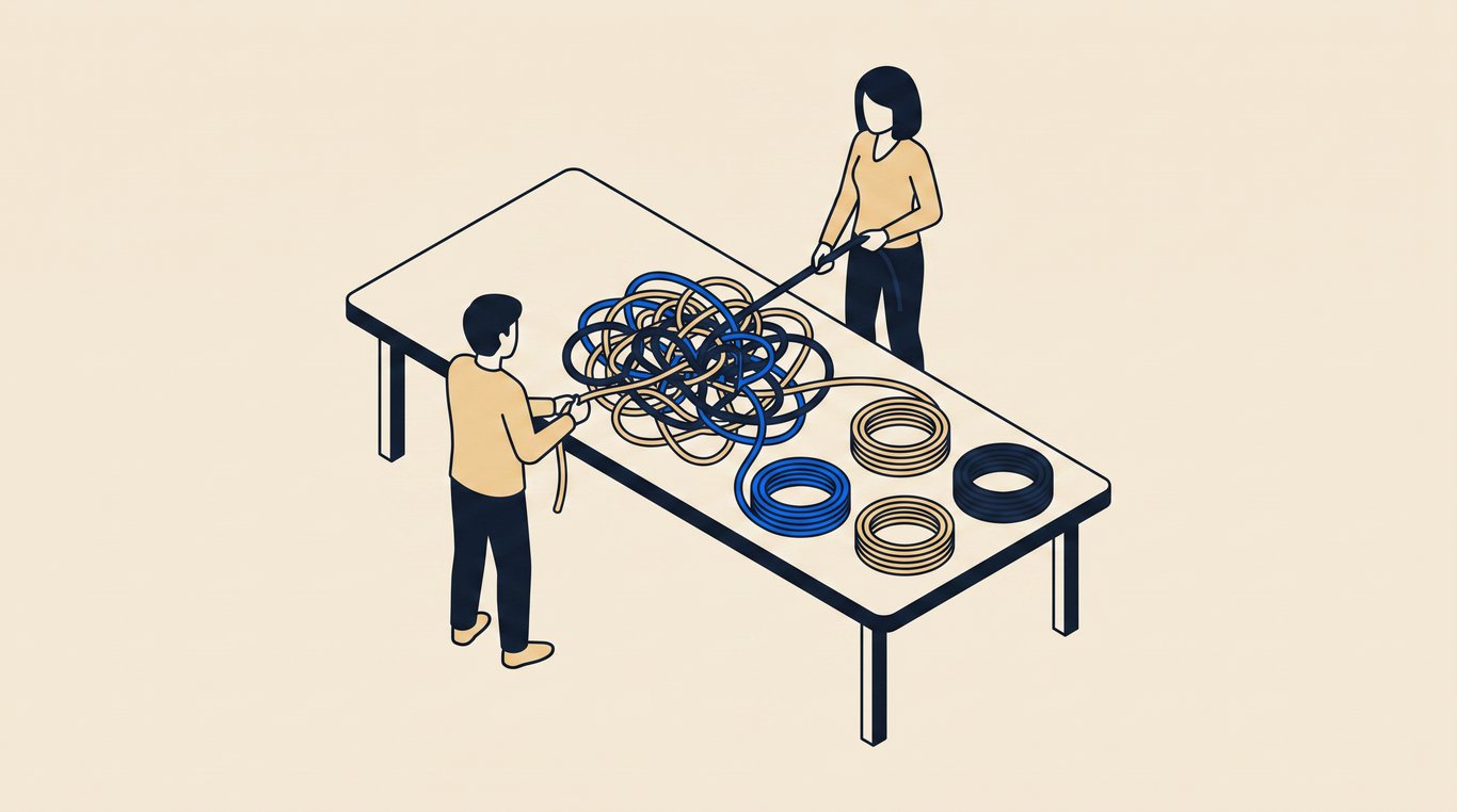 Two people at a table untangling a knot of coloured cords, several strands already coiled into neat rings