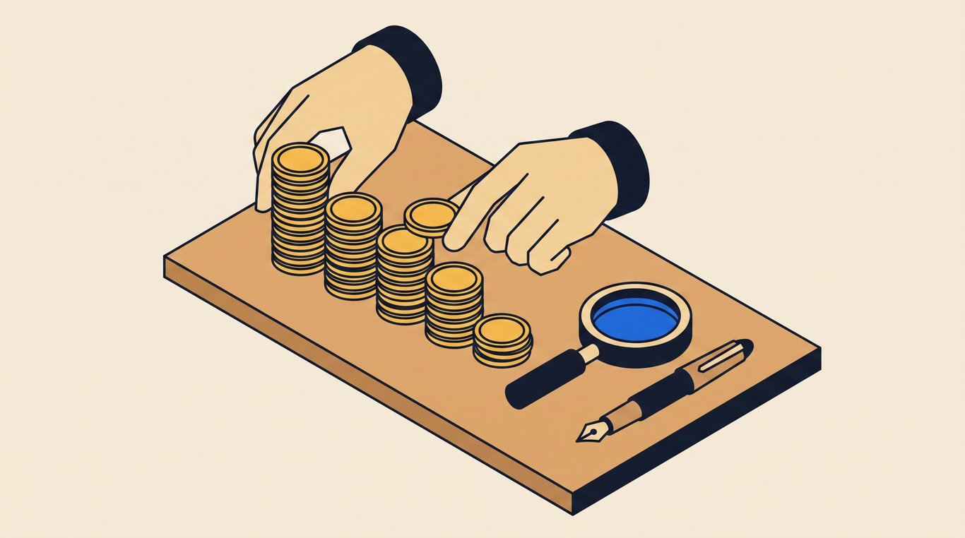 Hands arranging coins into five stacks of different heights beside a magnifying glass and pen