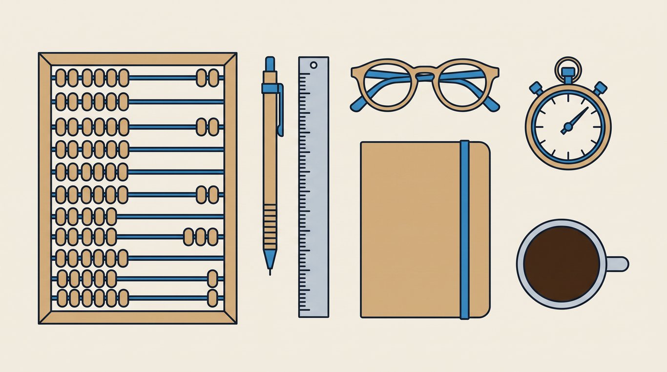 Overhead flat-lay of an abacus, pencil, ruler, glasses, stopwatch, closed notebook and coffee