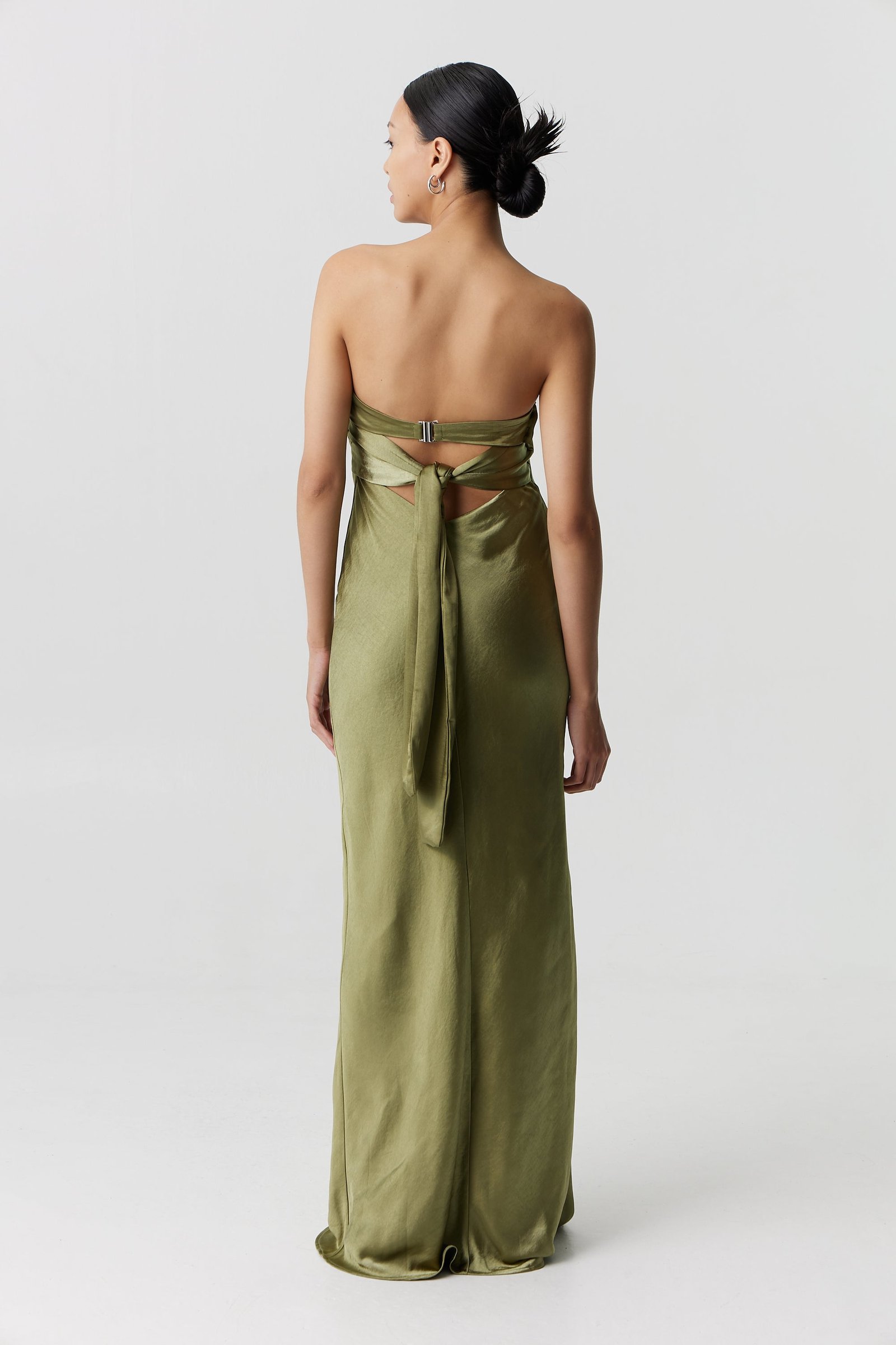 THIRD FORM SATIN TIE BACK STRAPLESS MAXI DRESS - OLIVE photo 3