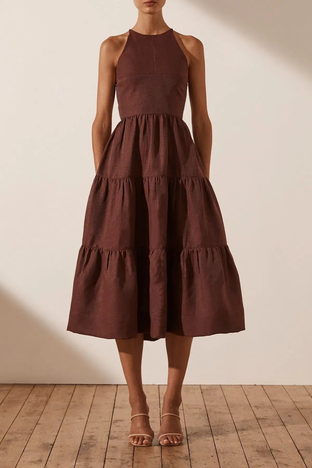 Shona Joy Marlene Open Back Tiered Midi Dress in Chocolate Size 6 photo 2