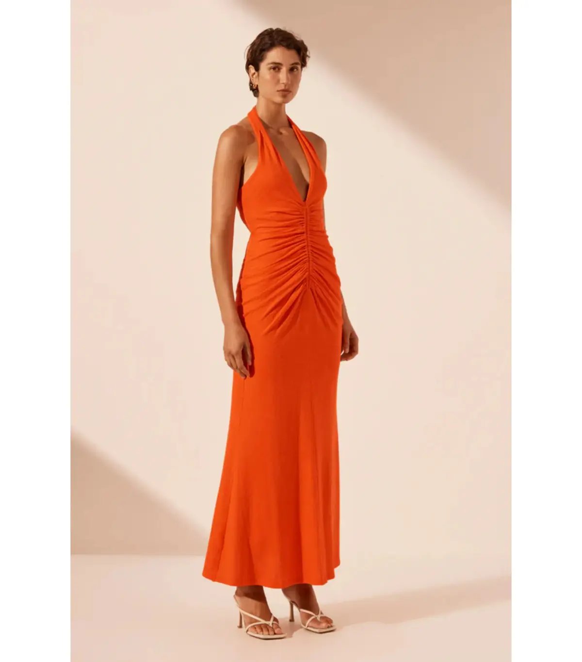 Shona Joy Beau Halter Ruched Midi Dress Hibiscus Size AU 8 photo 3