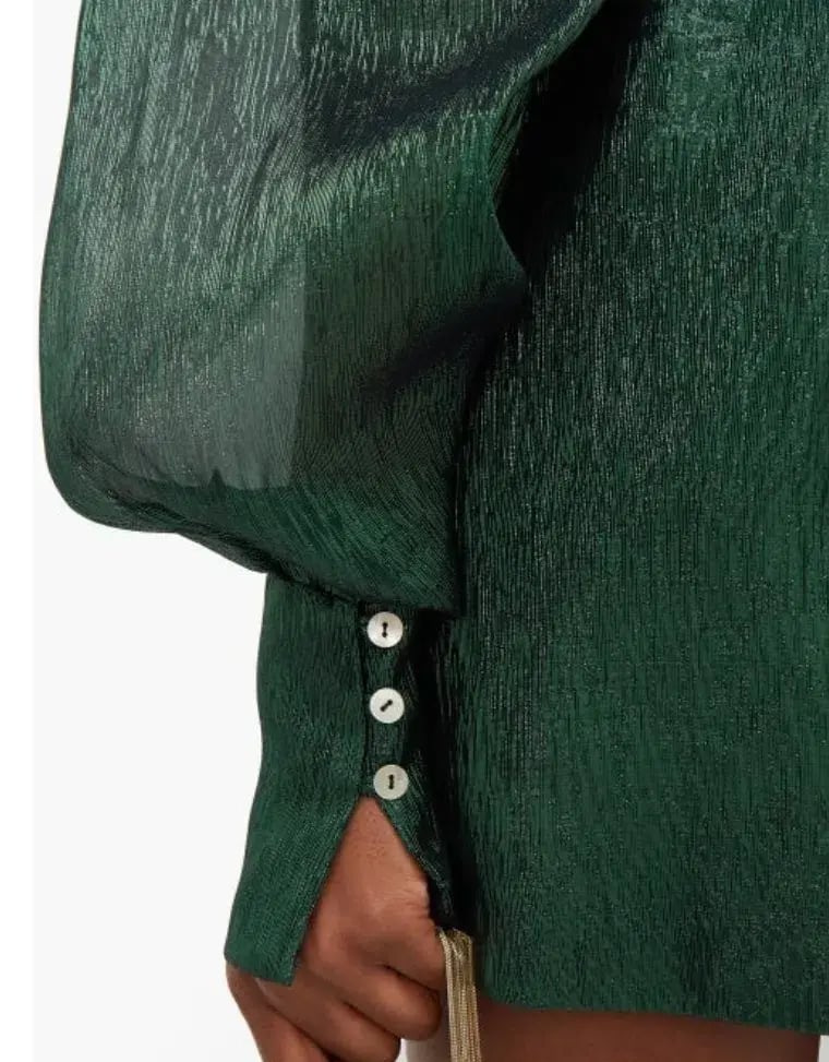 The Vampire's Wife The Pussybow Plissé Silk-Blend Lamé Mini Dress Dark Green Lame Size 10 photo 4