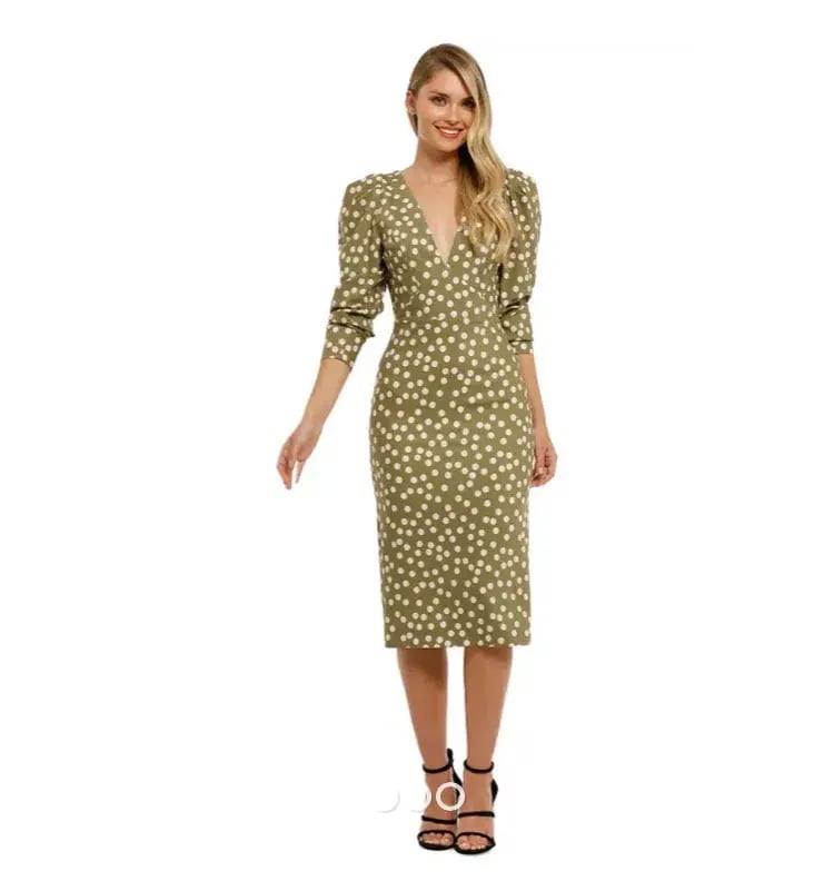 By Johnny Peach Polka V Plunge Midi Dress Print Size 6 photo 2