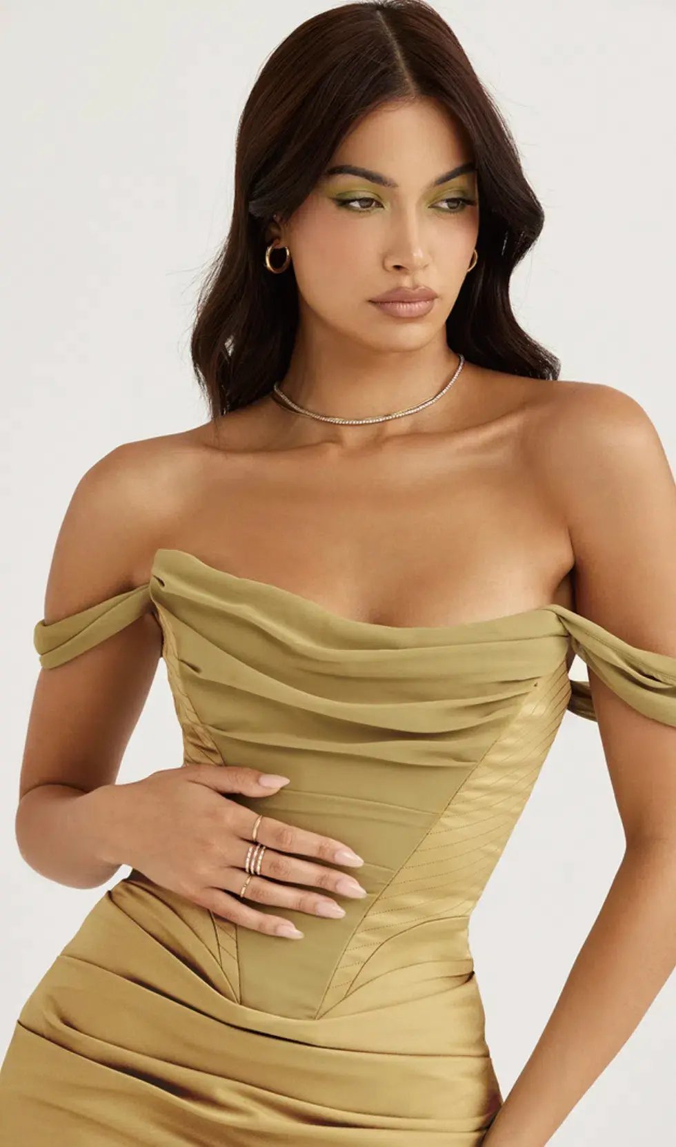 House of CB Natalya Satin Corset Midi Dress Olive Green Size 6 photo 3
