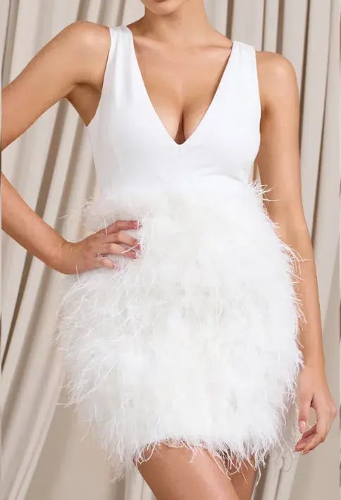 Club L London Flirt  Plunge Front Mini Dress with Feather Skirt White Size 4 photo 3