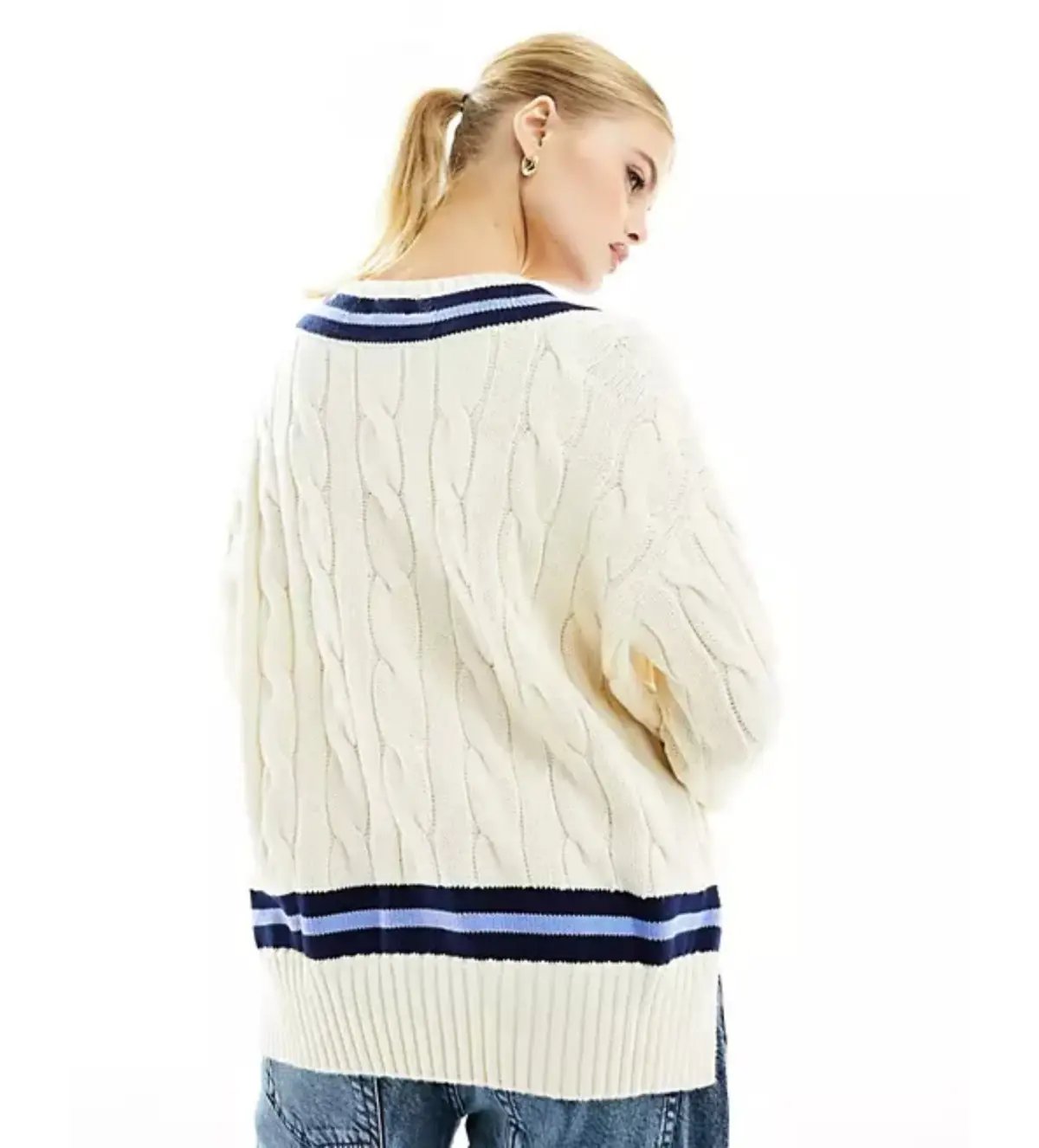 Polo Ralph Lauren Knitted V Neck Cricket Jumper With Stripe In Cream Size 10 photo 2