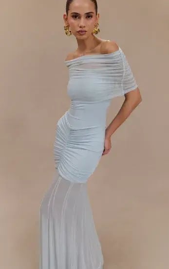 Meshki Caspian Slinky Mesh Off Shoulder Dress Blue Size 10 photo 5