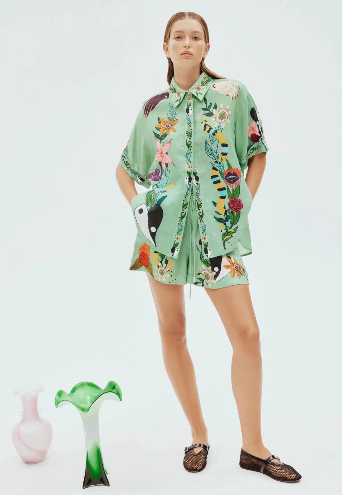 Alemais Meagan Shirt Size 8 and Shorts Size 10 Set Green Print photo 2