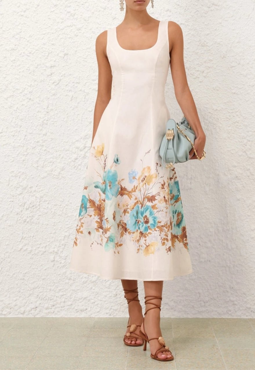 Zimmermann Scarborough Midi Dress In Cream/teal Floral photo 3
