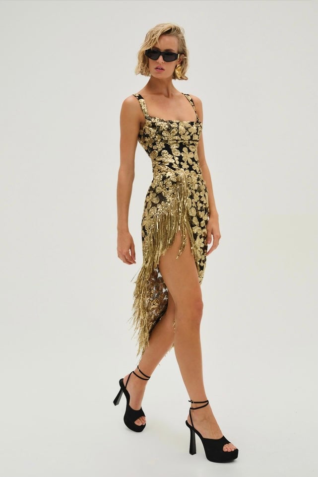 For Love and Lemons Anisa Fringe Midi Dress - Gold photo 2