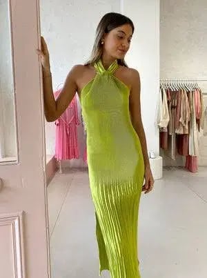 L'Idee Soirée Pleated Halter Gown Green Size 10 photo 2